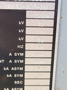 15KV 600 AMP HVL LOAD INTERRUPTER N1 M/O  44035-983-50 SQD USED