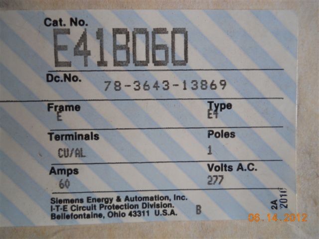 E41B060 ITE 1P 60 AMP 480v BREAKER IN BOX NEW