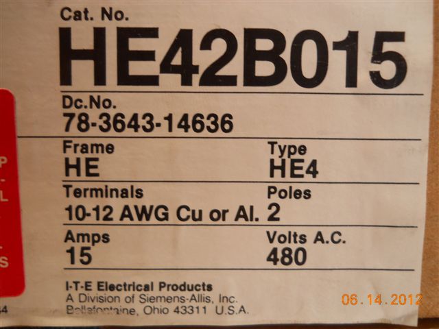 HE42B015 ITE 2P 15 AMP BREAKER NEW