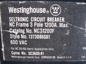 NC31200F  WESTINGHOUSE 3P 1200 AMP BREAKER 1000 AMP RATING PLUG REFURBISED