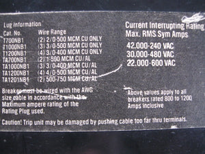 NC31200F  WESTINGHOUSE 3P 1200 AMP BREAKER 1000 AMP RATING PLUG REFURBISED